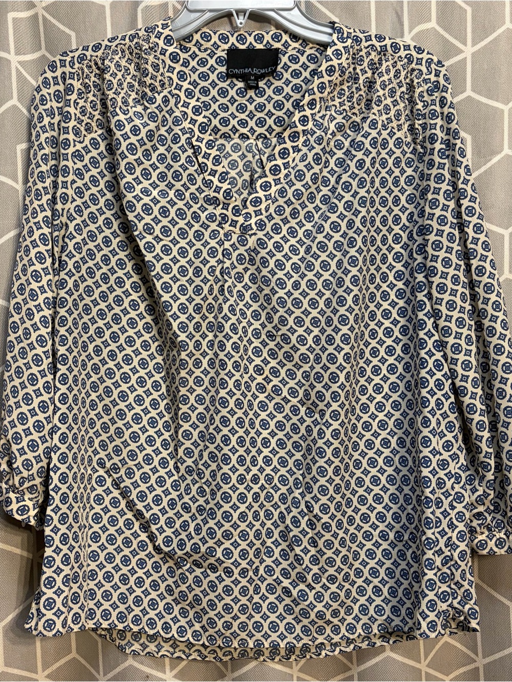 Cynthia Rowley Cream Blouse with Navy Medallion Print